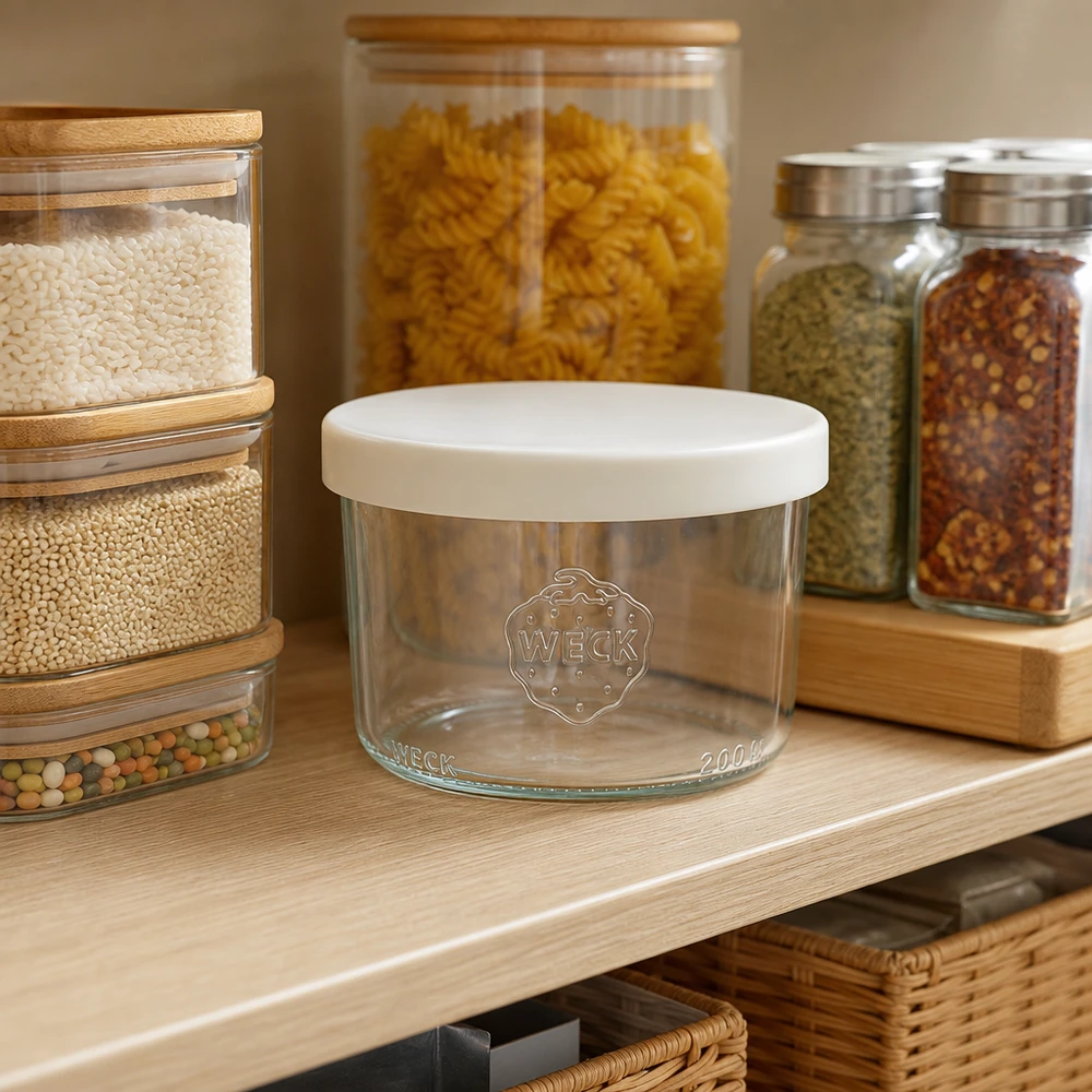 WECK 200ml RR80 lege voorraadpot met wit siliconen deksel in een moderne keuken tussen voorraadpotten met pasta