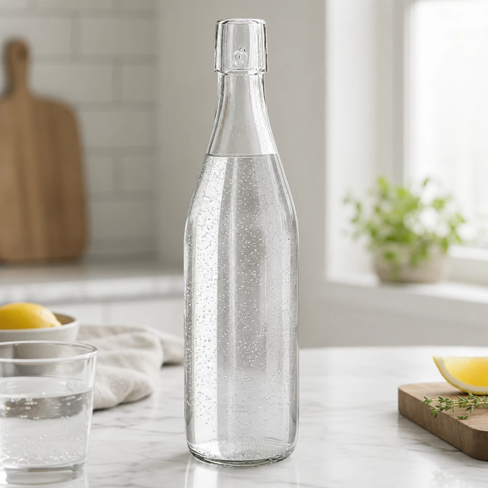500 ml glazen fles zonder draaidop UNiTWIST 500ml UNiTWIST glazen fles gevuld met bruisend water op marmeren aanrecht in moderne witte keuken met citroen
