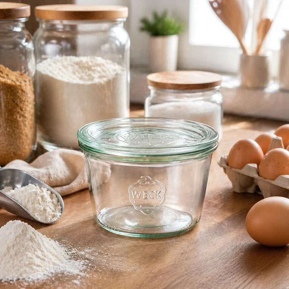 WECK RR100-pot van 370 ml met glazen deksel WECK 370ml RR100 bekers in keukensfeer met meel, eieren en bakingrediënten voor koken en bakken
