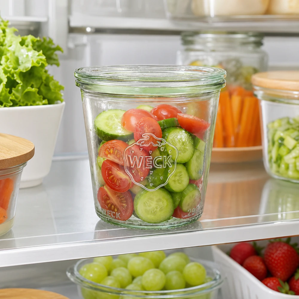 290ml stortglas hoge met glazen deksel WECK RR80 WECK beker 290ml RR80 in de koelkast gevuld met verse komkommer en tomatensalade als een praktische meal prep oplossing