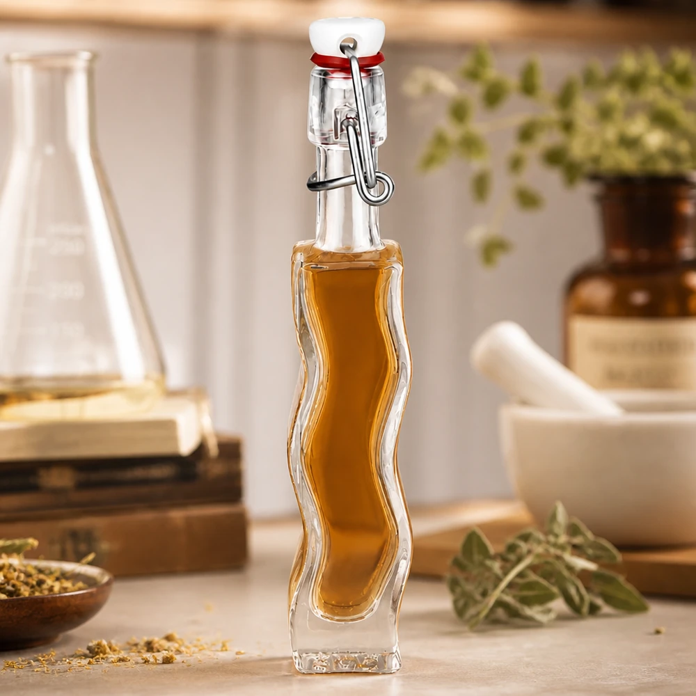 40 ml glazen fles Fila met PVC-sluiting UNiTWIST® 40ml glazen fles Anna gevuld met honingkleurige vloeistof in een rustieke keuken met kruiden en glaswerk