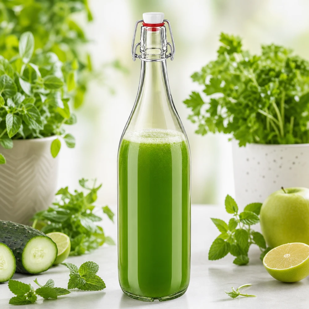 1000ml glazen fles + draaidop PVC UNiTWIST 1000ml glazen fles PVC draaidop gevuld met groene smoothie omringd door verse kruiden en groenten