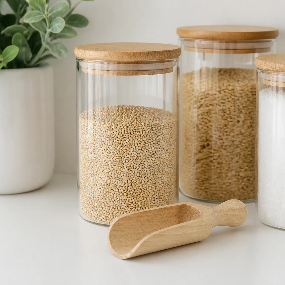 Houten schep maat M halfronde vorm - 140mm lang Holzschaufel M 14cm mit Vorratsgläsern und Quinoa in moderner Küche - praktisches Küchenhelfer-Styling