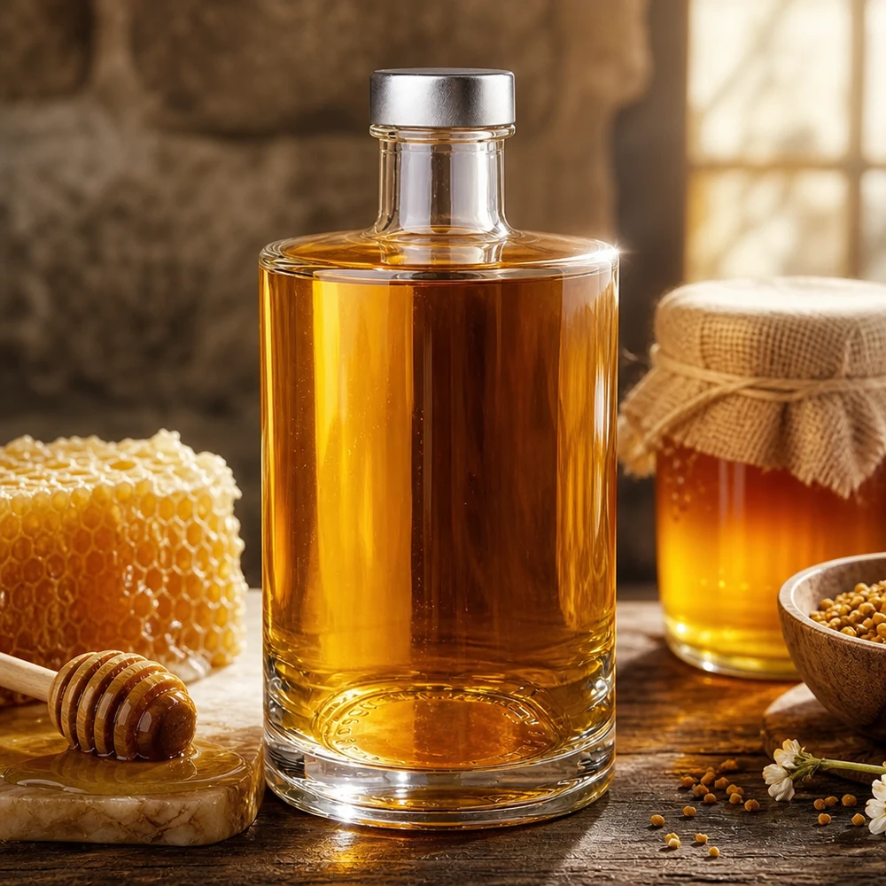 375 ml glazen fles Sam en schroefdop zilver UNiTWIST® 375ml glazen fles Sam gevuld met gouden honing naast honingraat en honingpot - sterke drankfles met schroefdop
