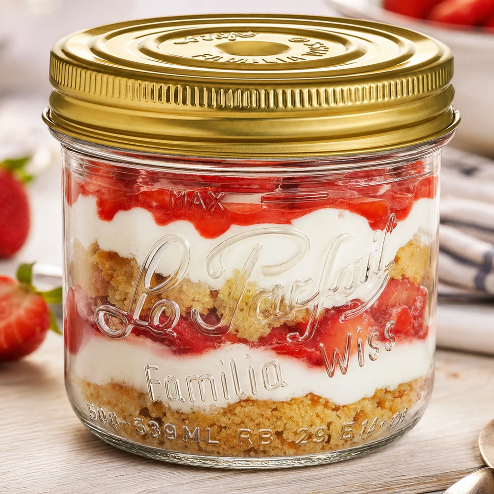 Le Parfait® Familia Wiss 500 g Ø100 mm pot Familia Wiss 539 ml bekers met gouden schroefdeksel en dessertlaagjes van aardbeien en biscuitbodem