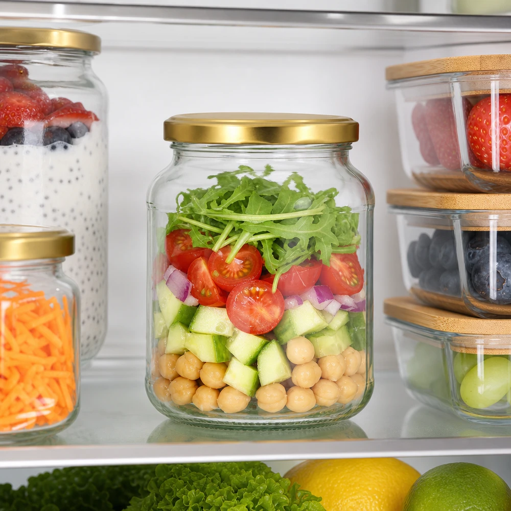370ml ovaal glas met BasicSeal deksel goud UNiTWIST 370 ml ovale pot BasicSeal deksel goud in de koelkast met gelaagde salade - UNiTWIST voorraadpot voor meal prep