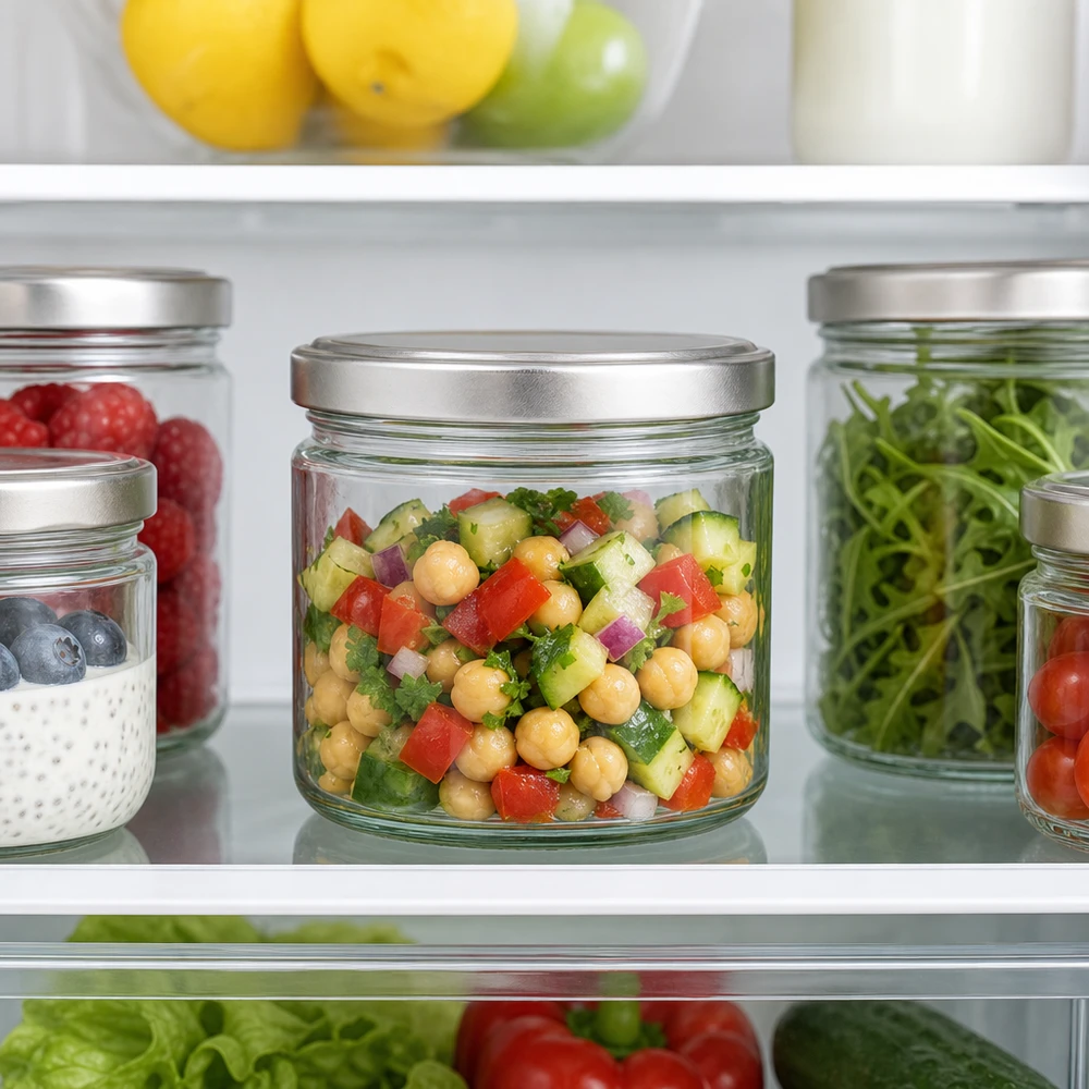 330ml rond glas met BasicSeal deksel zilver UNiTWIST 330 ml ronde pot met BasicSeal deksel in de koelkast gevuld met kikkererwtensalade naast andere voorraadpotten