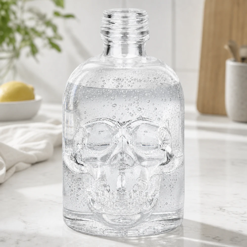 50 ml glazen fles Hector zonder schroefsluiting UNiTWIST® Glasflasche Hector 50ml mit Totenkopf-Prägung gefüllt mit Wasser auf weißer Küchenarbeitsplatte moderne Einrichtung