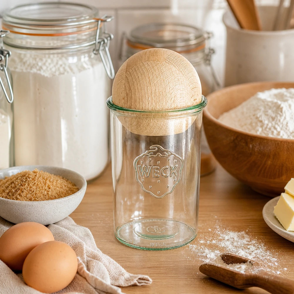 1000ml stortglas WECK RR100 met houten bal WECK 1000ml RR100 metselpot met beukenhouten deksel in bakingrediëntenschikking met bloem, eieren en inmaakpotten