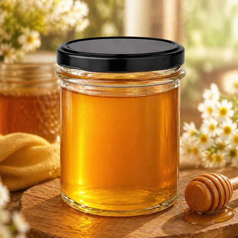230ml bekers met BasicSeal deksel zwart UNiTWIST 230ml mason jar met zwart deksel gevuld met gouden honing naast honinglepel op houten plank natuurlijke decoratie