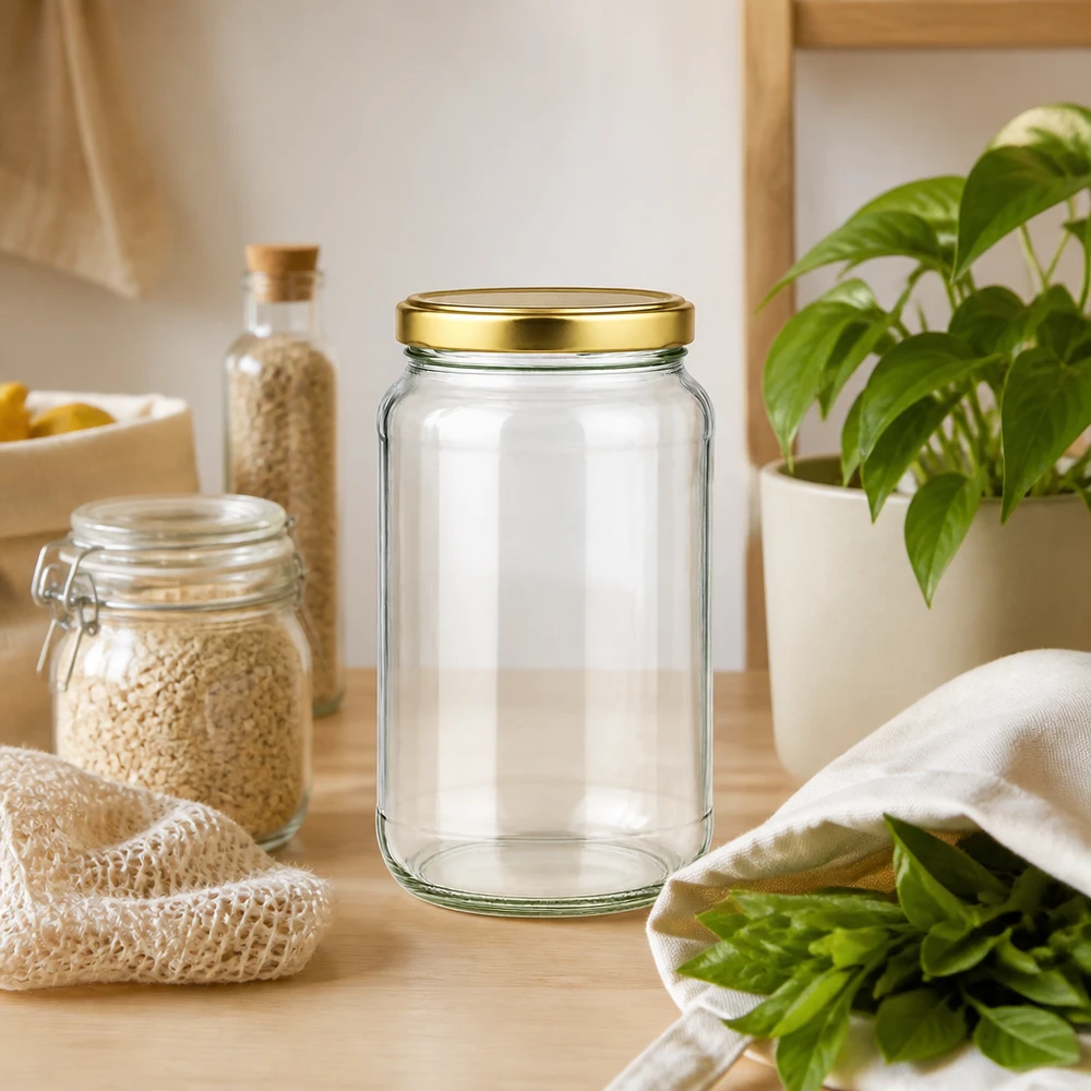 1700ml rond glas met BasicSeal deksel goud UNiTWIST 1700ml Rundglas BasicSeal gold in nachhaltiger Zero-Waste Küche mit Vorratsgläsern und frischen Kräutern