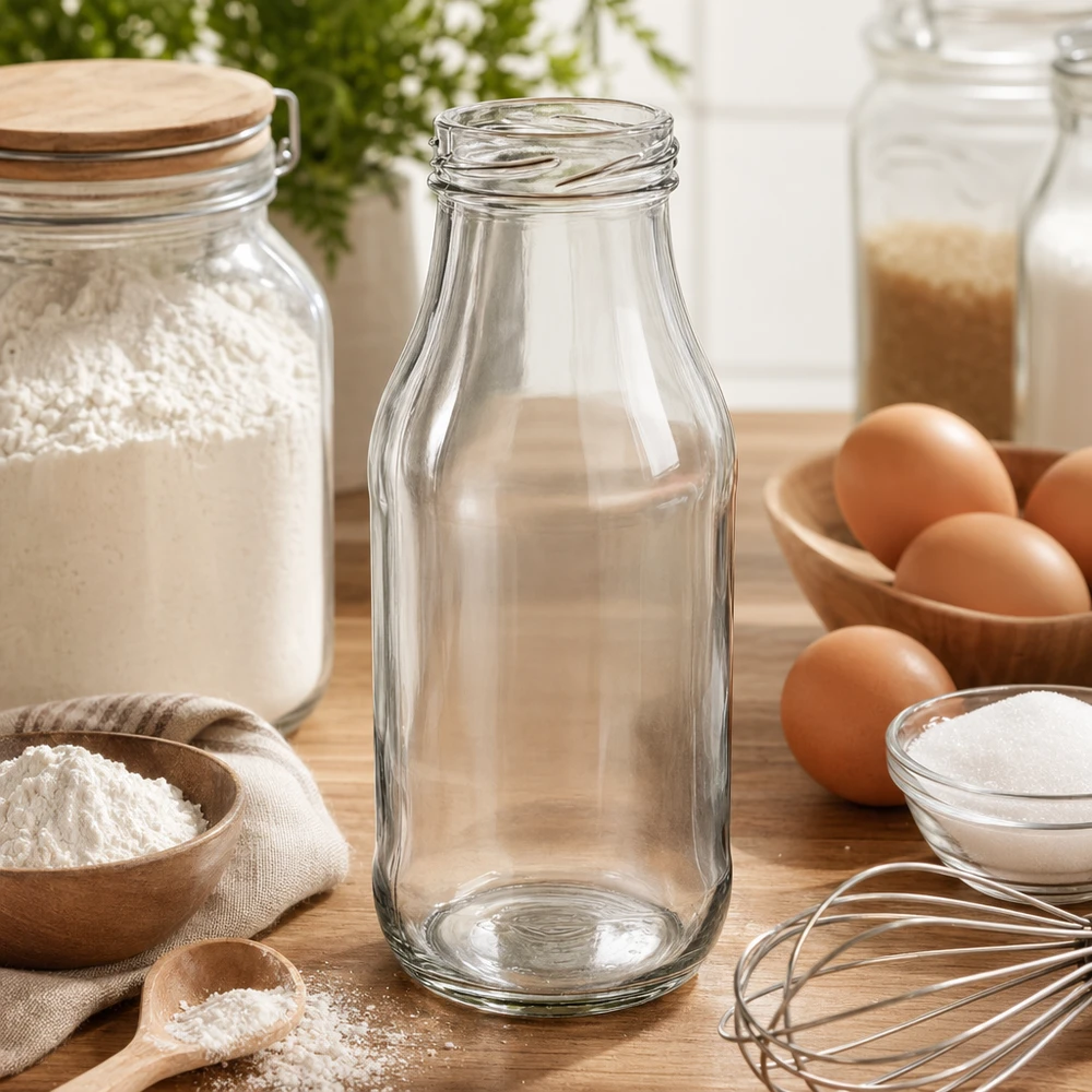 263ml fles zonder deksel (TO43) UNiTWIST Lege UNiTWIST glazen fles 263ml TO43 op houten tafel met bakingrediënten bloem eieren en keukengerei