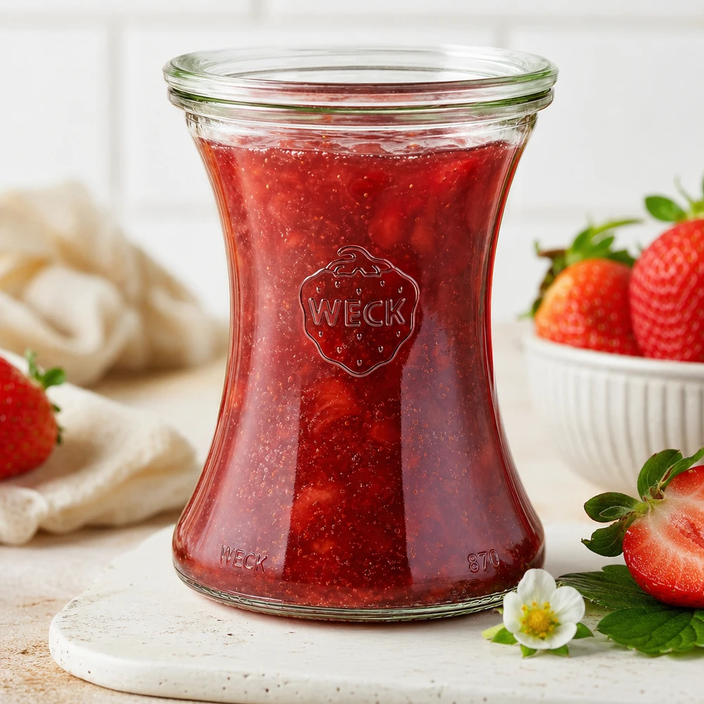 Delikatessenpot van 370 ml met glazen deksel WECK RR80 WECK delicatessenpot 370ml RR80 met huisgemaakte aardbeienjam op een marmeren bord omringd door verse aardbeien