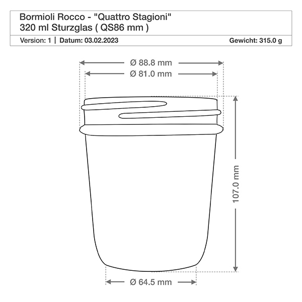 3800 ml rond glas "Quattro Stagioni" met deksel Technische tekening Bormioli Rocco Quattro Stagioni inmaakpot 320 ml met afmetingen en specificaties Productgegevens