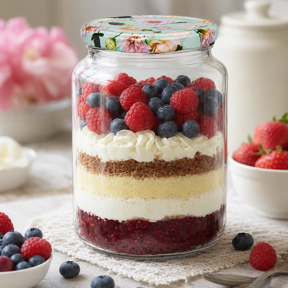 Ronde pot van 795 ml + BasicSeal-deksel met muntbloem UNiTWIST 795 ml rond glas met mintbloemdeksel als dessertglas voor gelaagde desserts met bessen en room