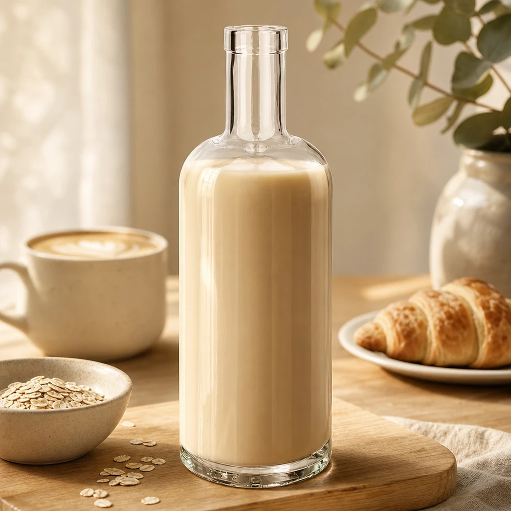 750 ml glazen fles Emma zonder sluiting UNiTWIST® 750ml glazen fles Emma gevuld met beige havermelk naast koffiekopje croissant en havermout op houten tafel