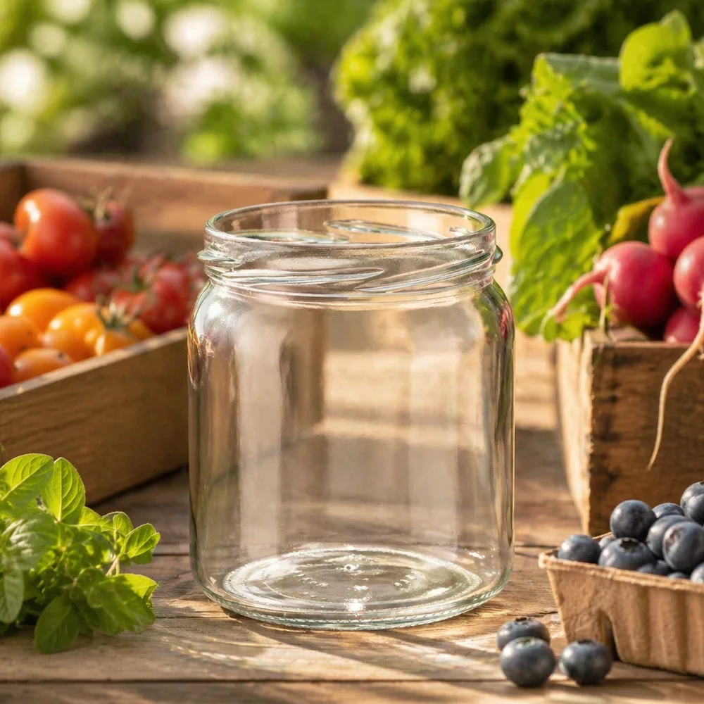 408ml rond glas zonder deksel (TO82) UNiTWIST UNiTWIST Runda408 408ml inmaakpot in rustieke keuken met verse groenten en fruit om in te maken