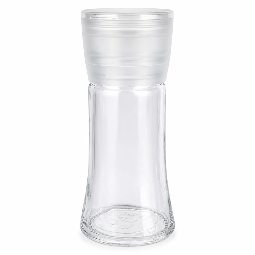 Zout-/kruidenpotje 95 ml met molen Vario wit Lege zout- en kruidenpot van 95 ml met witte kunststofmolen Vario van helder glas