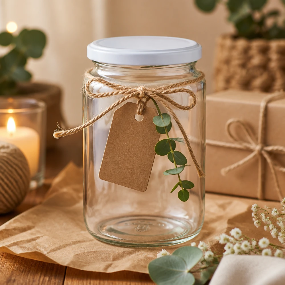 795ml rond glas met BasicSeal deksel wit UNiTWIST 795 ml rond glas UNiTWIST decoratief gerangschikt met raffia lint, cadeaulabel en eucalyptus tak als decoratie idee