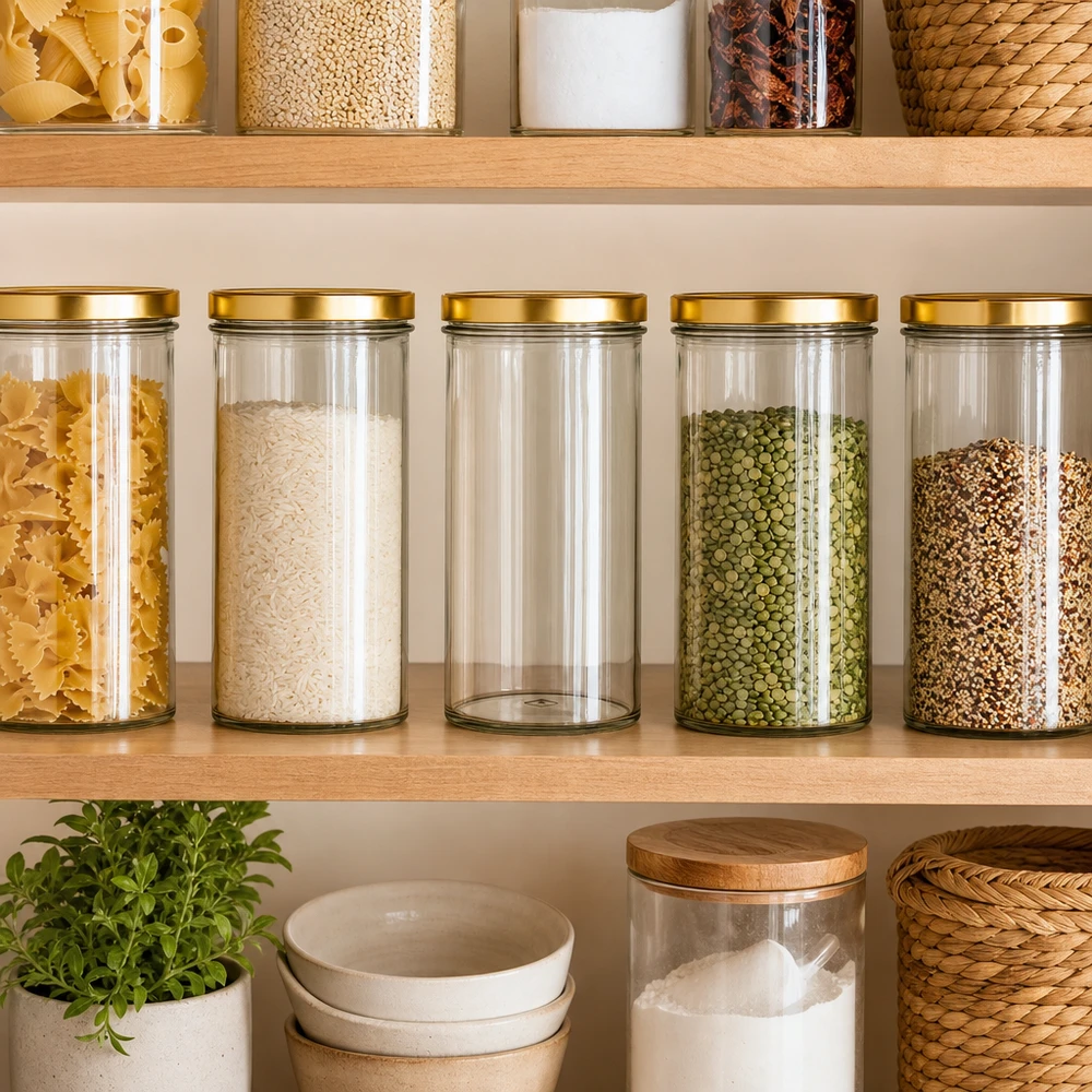 277ml bekers met BasicSeal deksel goud UNiTWIST Organiser voor voorraadkast met 277 ml tuimelschalen goud UNiTWIST deksel voor rijst pasta linzen kruiden keukenplank