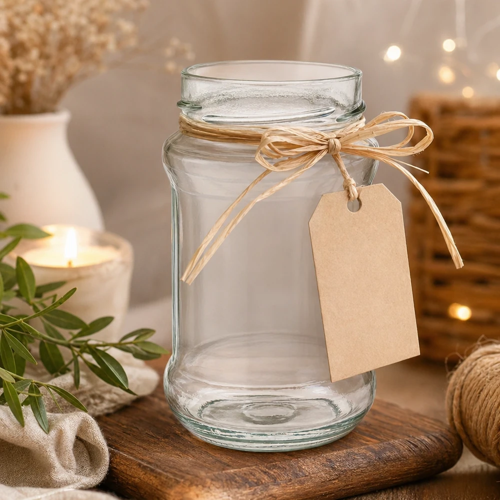 390ml rond glas zonder deksel (TO66deep) UNiTWIST Leeres Rundglas 390ml mit Deckel und Schleifenband auf Holztisch - ideal für Marmelade Honig und Geschenke von Glas-Fabr