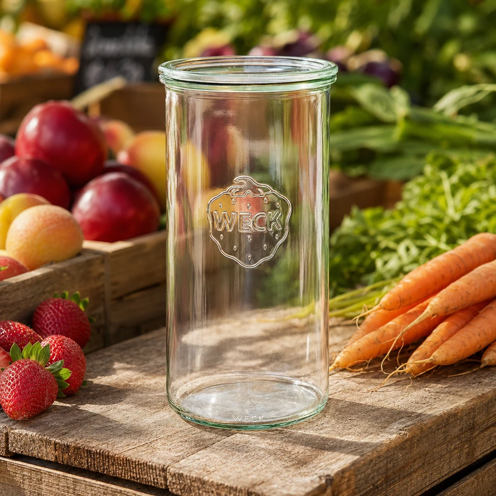 1500ml stortglas met glazen deksel WECK RR100 WECK bekers 1500ml RR100 op houten plank met verse fruitgroenten aardbeien wortelen natuurlijke keuken decoratie