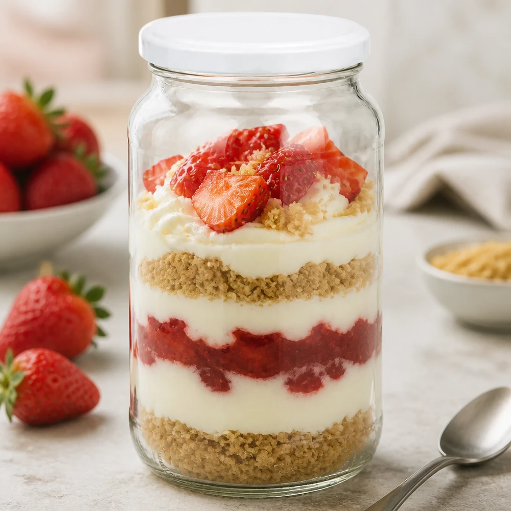 1062ml rond glas met BasicSeal deksel wit UNiTWIST 1062ml ronde pot BasicSeal deksel wit met aardbei dessert gelaagd dessert tiramisu pot dessert voorraadpot