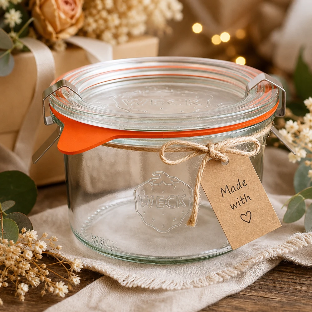 200ml stortglas compleet WECK RR80 WECK 200 ml RR80 bekers als cadeau-idee versierd met een Made with Love kraftpapieren label en gedroogde bloemen