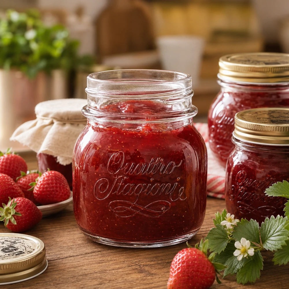 Quattro Stagioni huishoudpotje van 150 ml gevuld met aardbeienjam naast verse aardbeien op houten tafel
