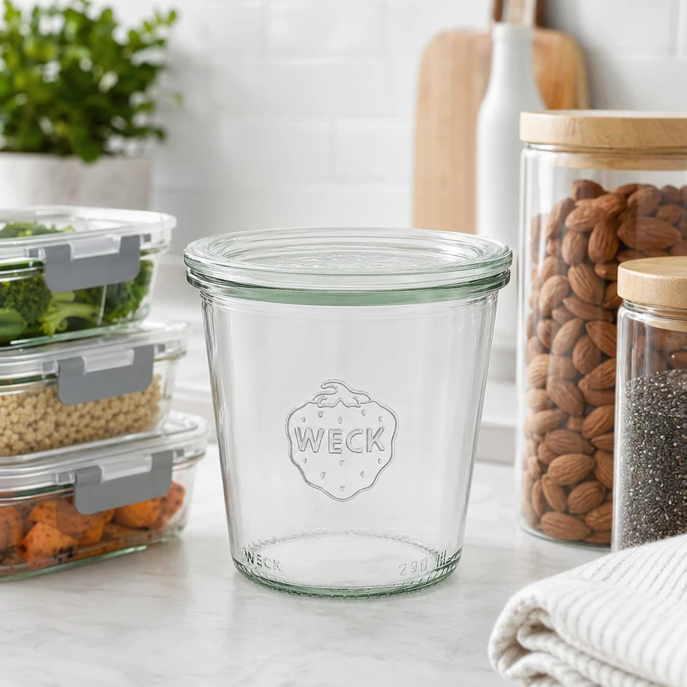 290ml stortglas hoge met glazen deksel WECK RR80 WECK beker 290ml RR80 in moderne keuken met voorraadpotten voor noten en etenswaren