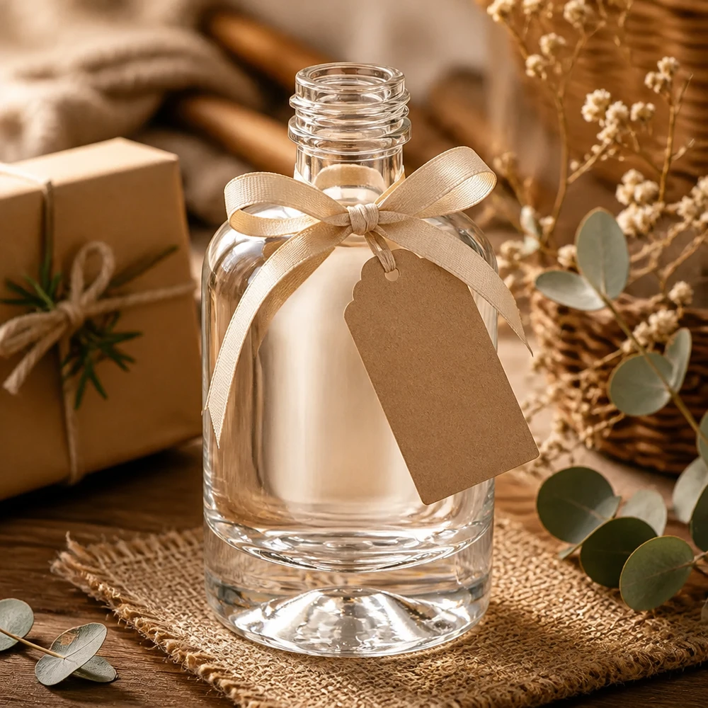 40 ml glazen fles Sara zonder schroefdop UNiTWIST® 40ml glazen fles Sara versierd met strik en cadeaulabel zonder dop om cadeau te geven
