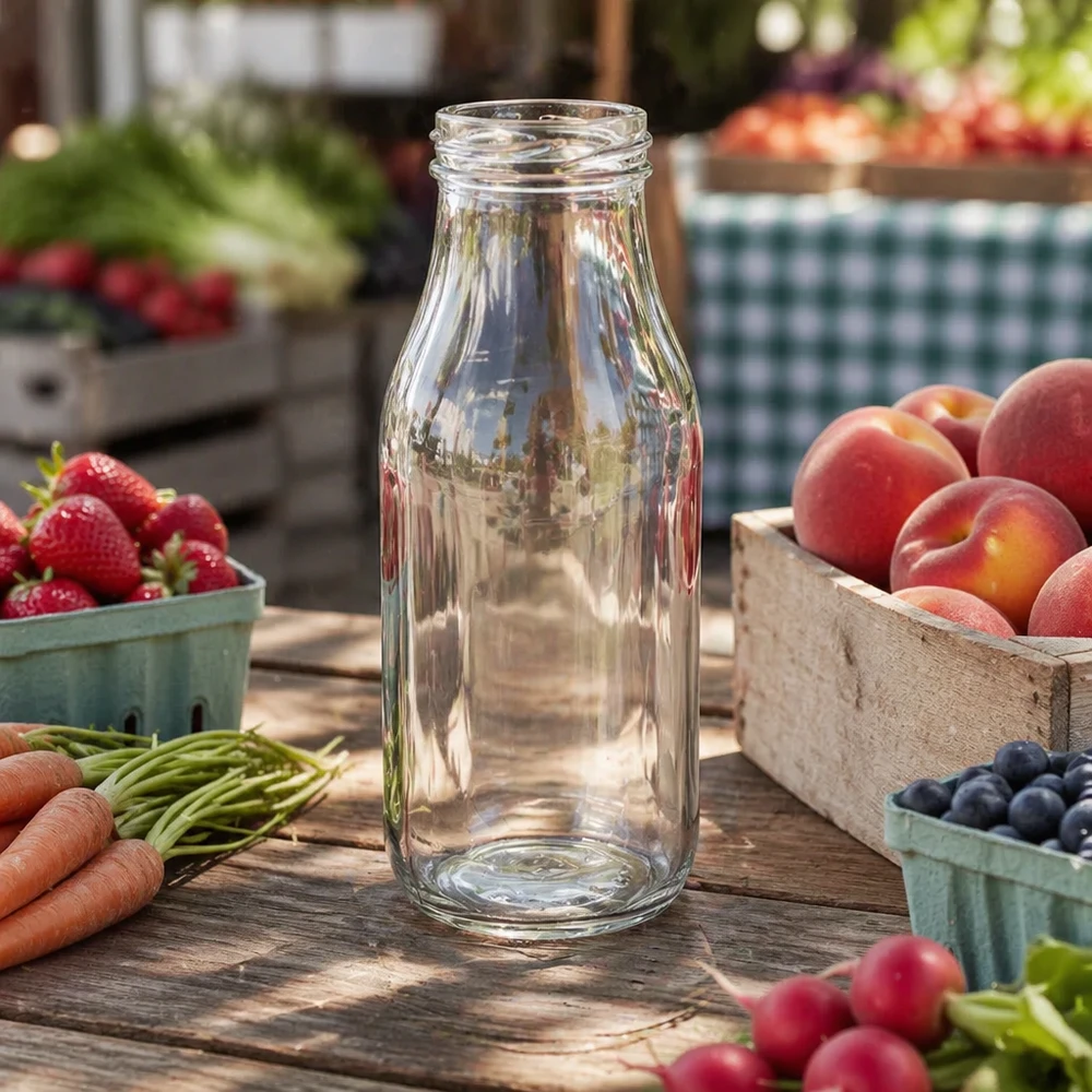 263ml fles zonder deksel (TO43) UNiTWIST Leere Glasflasche 263ml auf Holztisch mit frischem Obst und Gemüse - ideal für Säfte Smoothies und Getränke