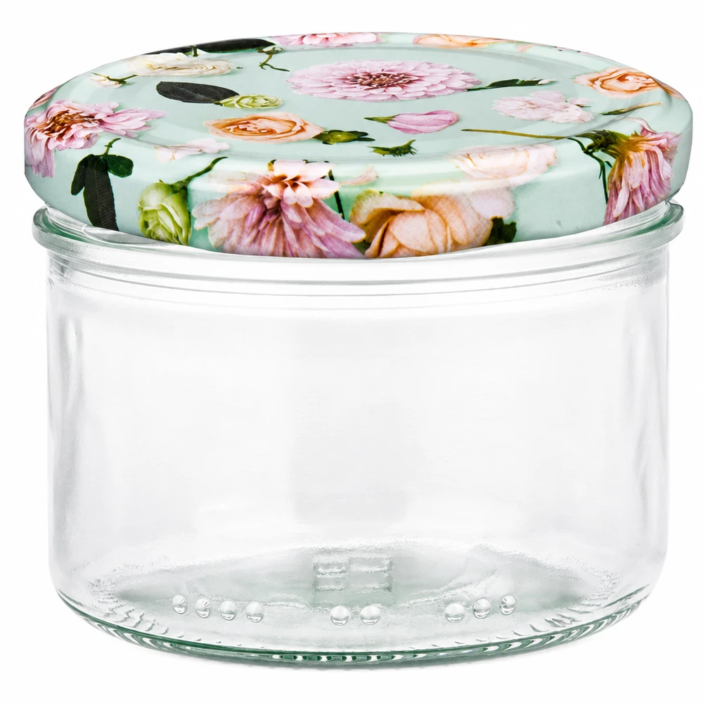 230ml cilinderpot met BasicSeal deksel bloem mint - ronde voorraadpot met bloemmotief op mintgroene achtergrond