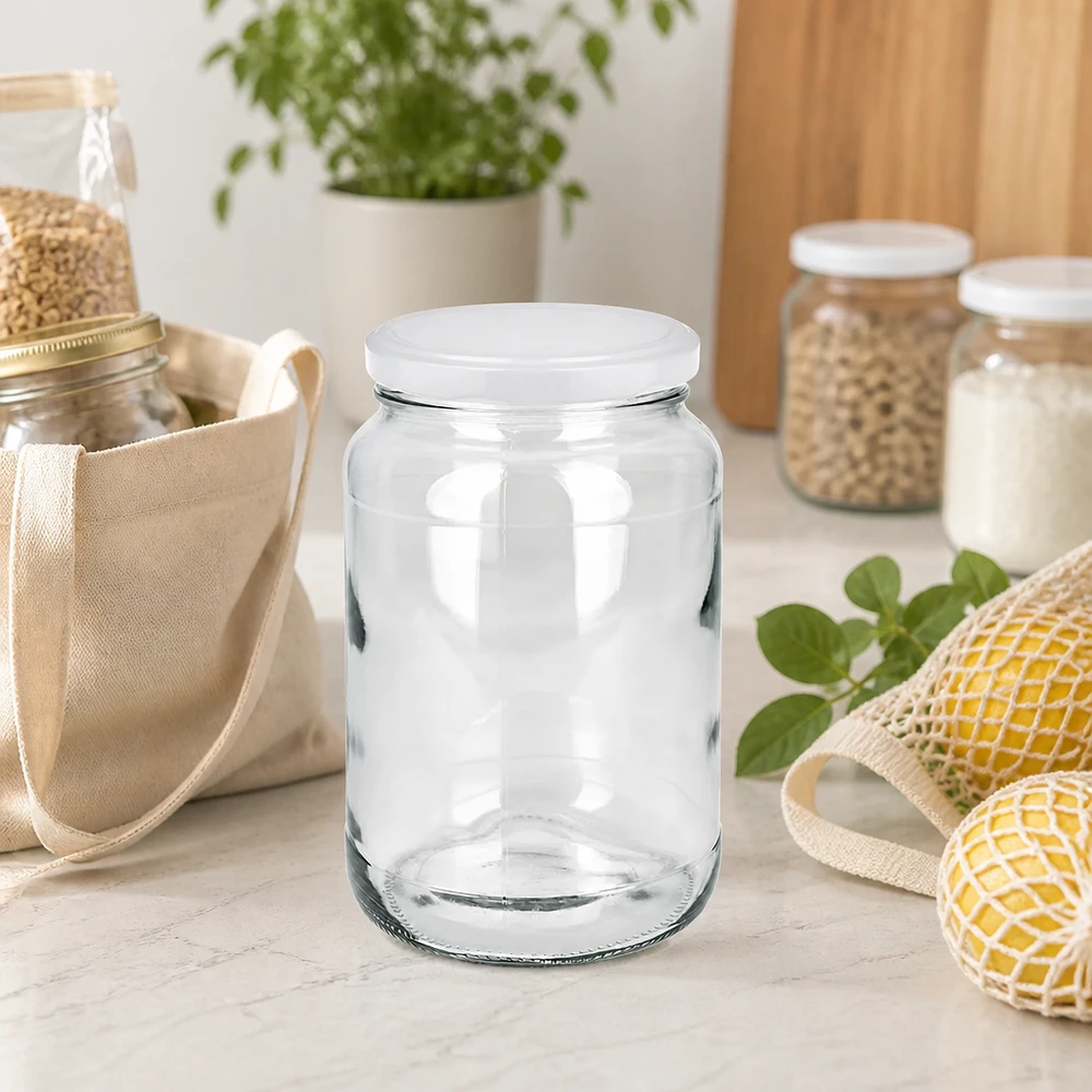1700ml rond glas met BasicSeal deksel wit UNiTWIST 1700 ml ronde pot met BasicSeal deksel in duurzame zero-waste keuken met gaaszakken en voorraadpotten