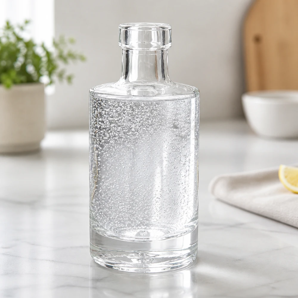 200 ml glazen fles Marie zonder sluiting UNiTWIST® 200ml glazen fles Marie gevuld met sprankelend water op marmeren aanrecht moderne keuken waterfles lifestyle landschap