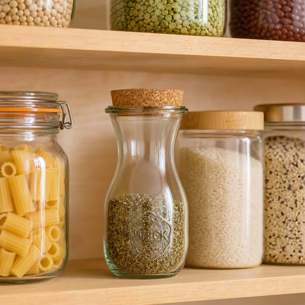 290ml sapflessen WECK RR60 met kurk WECK glazen fles 290ml RR60 gevuld met kruiden in georganiseerde voorraadkeuken naast pasta- en rijstpotten