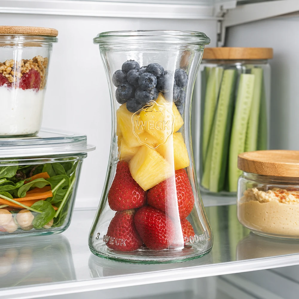 WECK RR60 delicatessenpot 200ml met vers fruit in de koelkast naast Meal-Prep voorraadpotten met salade