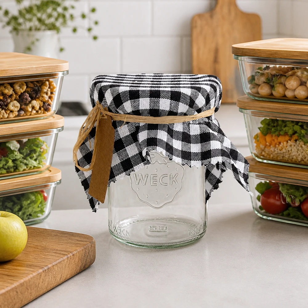 Zwart-wit geblokte decoratieve doily op een lege pot tussen voorraadcontainers Keukenscène 15cm vierkant