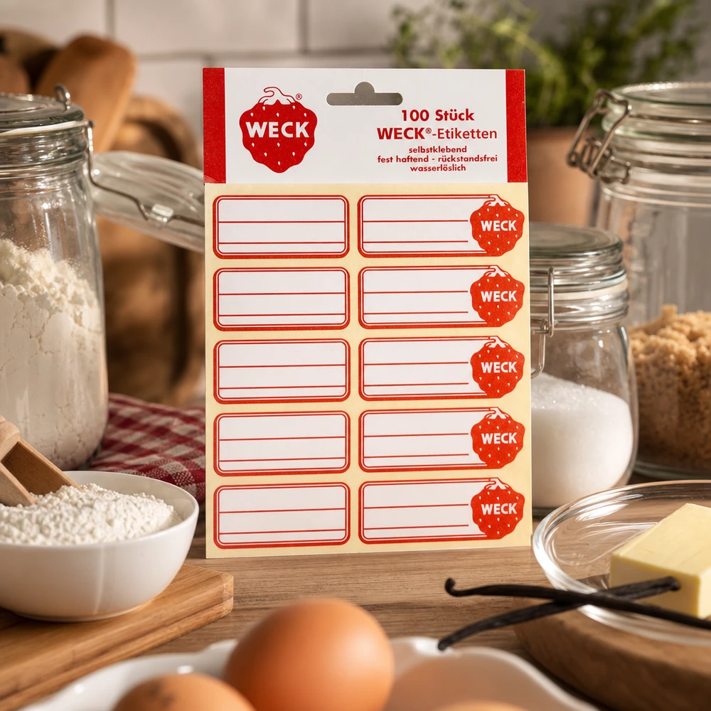 WECK etiketten pakket van 100 rode stickers in keuken met voorraadpotten eieren boter ontbijtgranen bakingrediënten