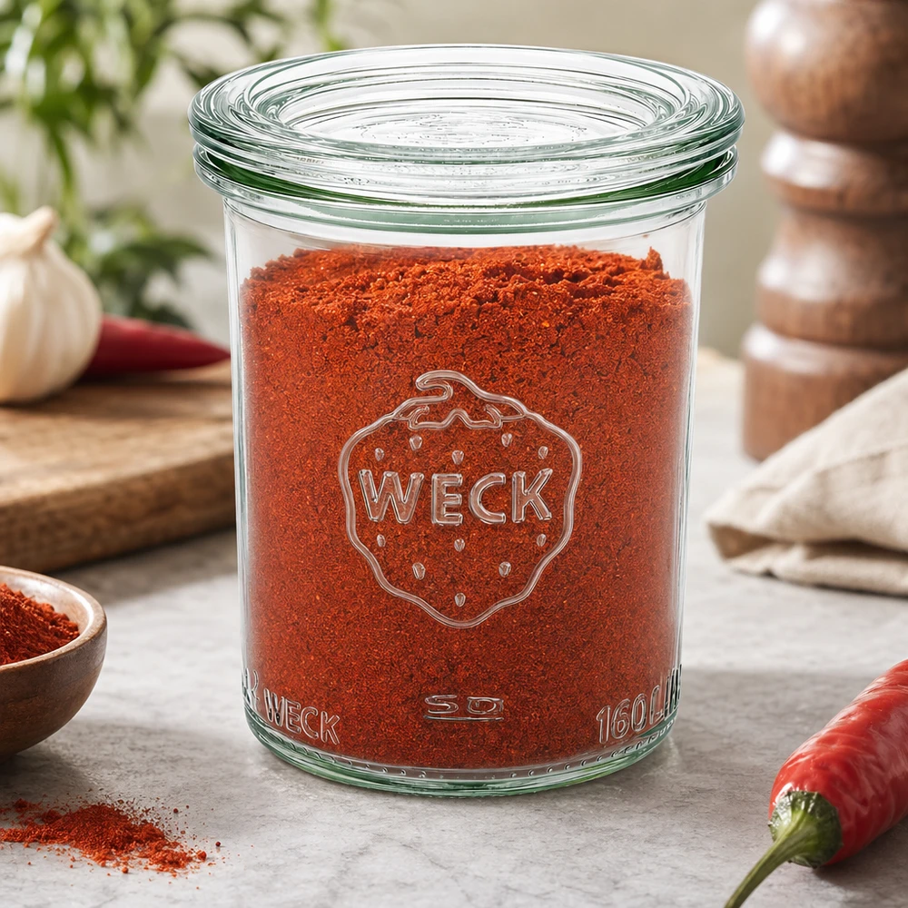 WECK RR60-pot van 160 ml met glazen deksel WECK 160 ml RR60 pot gevuld met rode paprikapoeder in keuken met chilipeper, knoflook en kruidenmolen