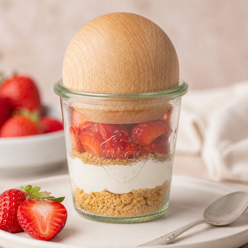290ml stortglas hoge WECK RR80 met houten bal WECK beker 290ml RR80 gelaagde dessertpot met aardbeien en slagroom biscuitbodem en beuken bolstop