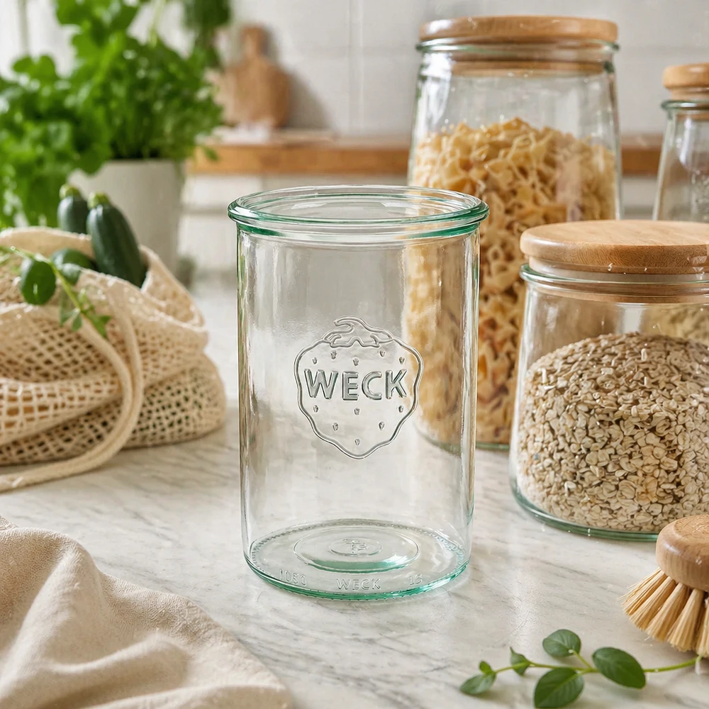 WECK 1000ml RR100 glazen voorraadpot met logo in duurzame keuken met voorraadpotten en biologisch voedsel