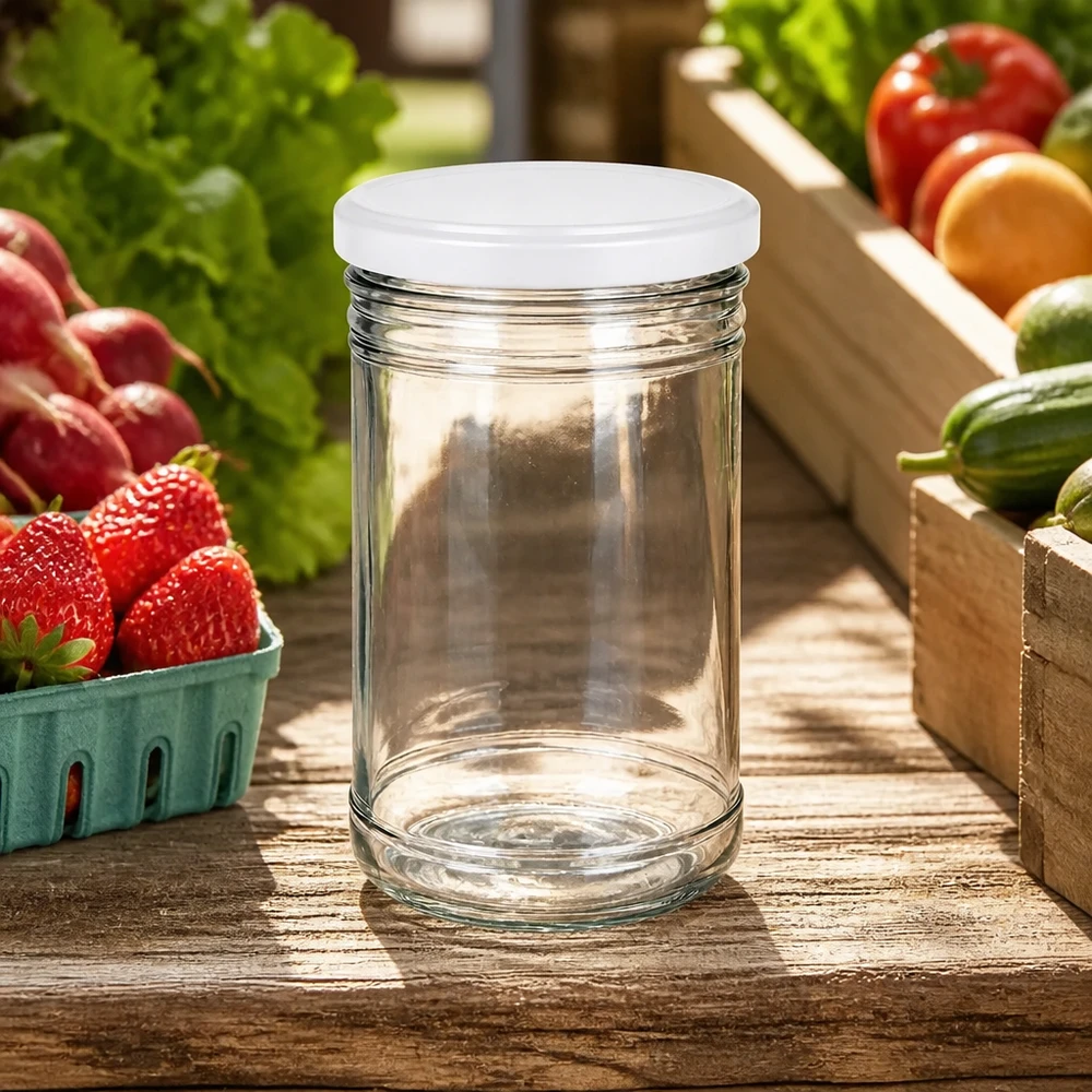 1053ml beker met BasicSeal deksel zilver UNiTWIST 1053ml tuimelpot leeg op houten tafel met vers fruit en groenten toont ideale keukenomgeving voor het bereiden en bewaren van maaltijden.