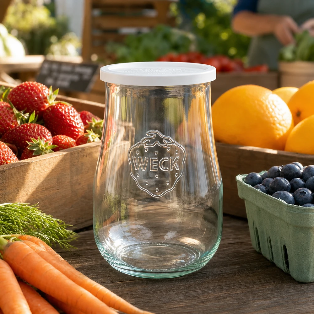 WECK tulpenpot 1750ml met wit deksel tussen vers fruit en groenten op een houten tafel in een boerenmarktsfeer