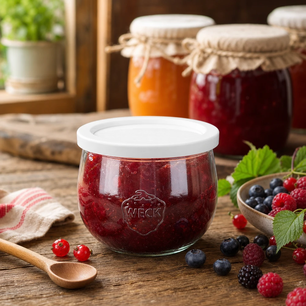 WECK tulpenpot 580ml RR100 gevuld met bessenjam in rustieke keuken met vers fruit en inmaakpotten