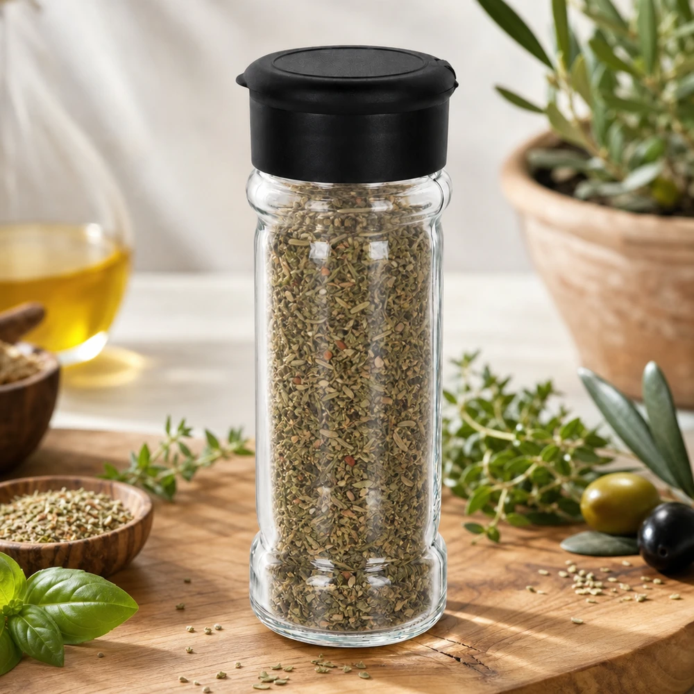 Zout-/kruidenpotje 100 ml met strooier, zwart Kruidenpotje van 100 ml gevuld met oregano, met een zwarte strooikop, naast olijfolie en basilicum