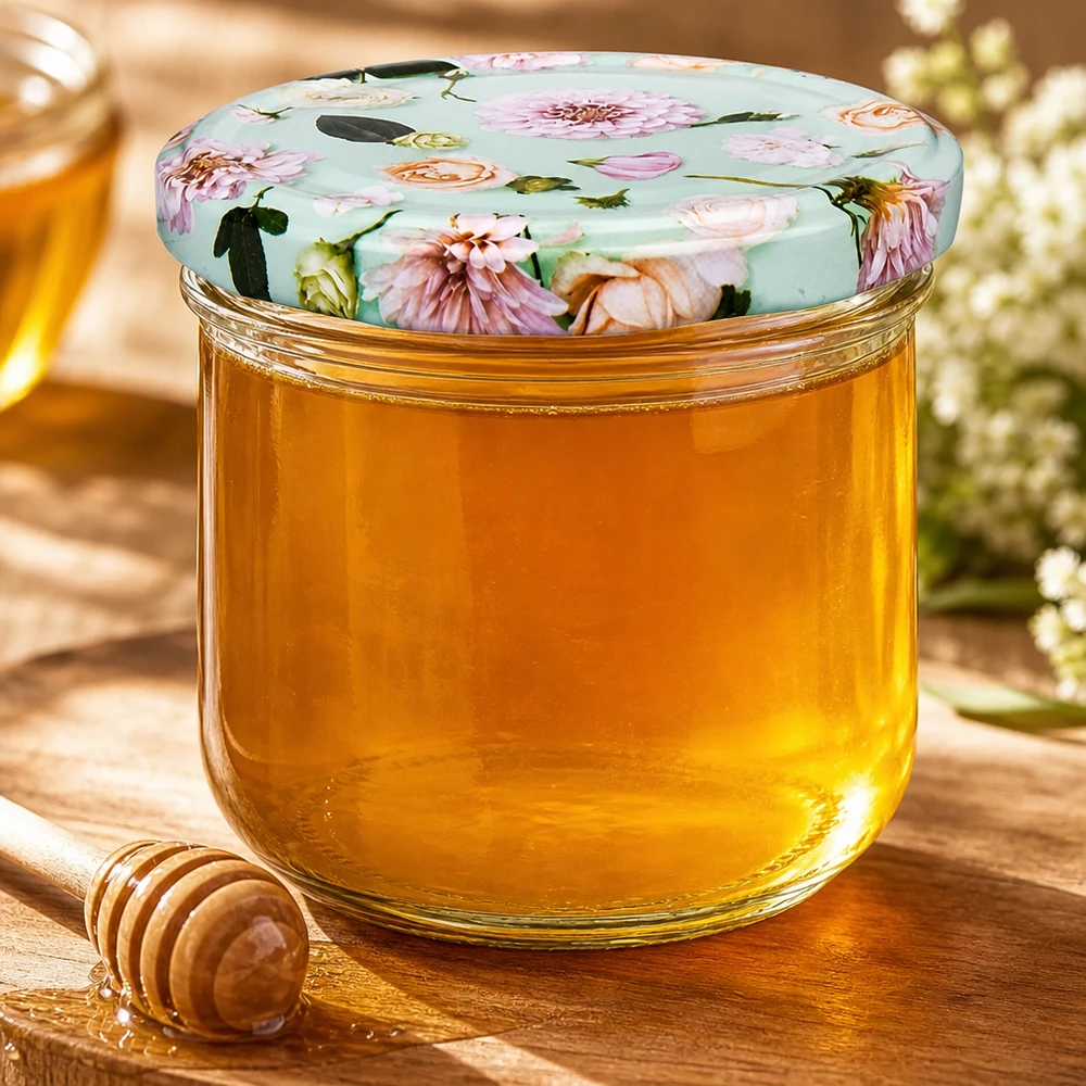 260 ml glazen muntpot met BasicSeal bloemdeksel gevuld met gouden honing, houten honinglepel ernaast