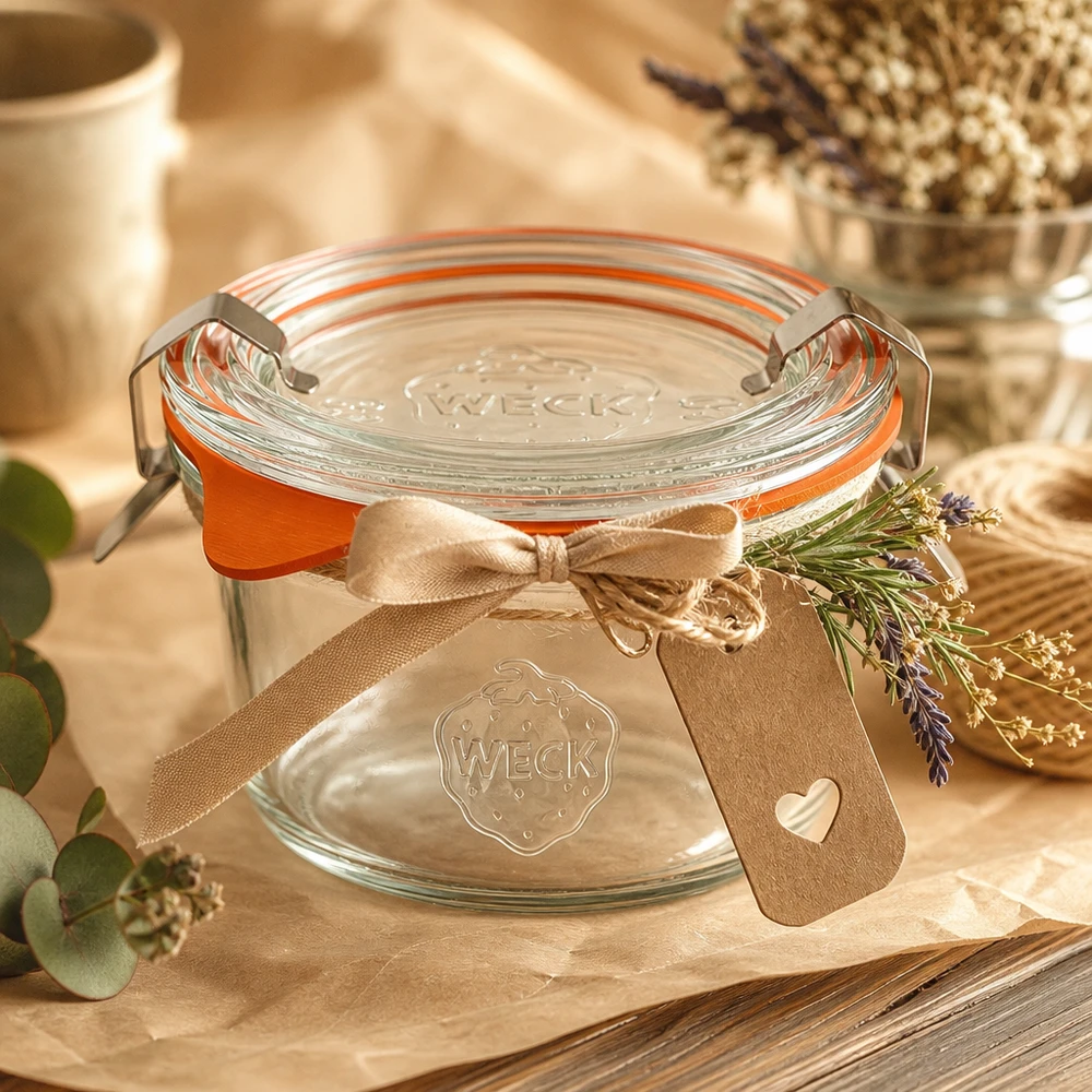 50ml stortglas compleet WECK RR60 WECK 50ml bekers RR60 decoratief gerangschikt met een strik en lavendel als cadeau-idee op een rustieke houten tafel