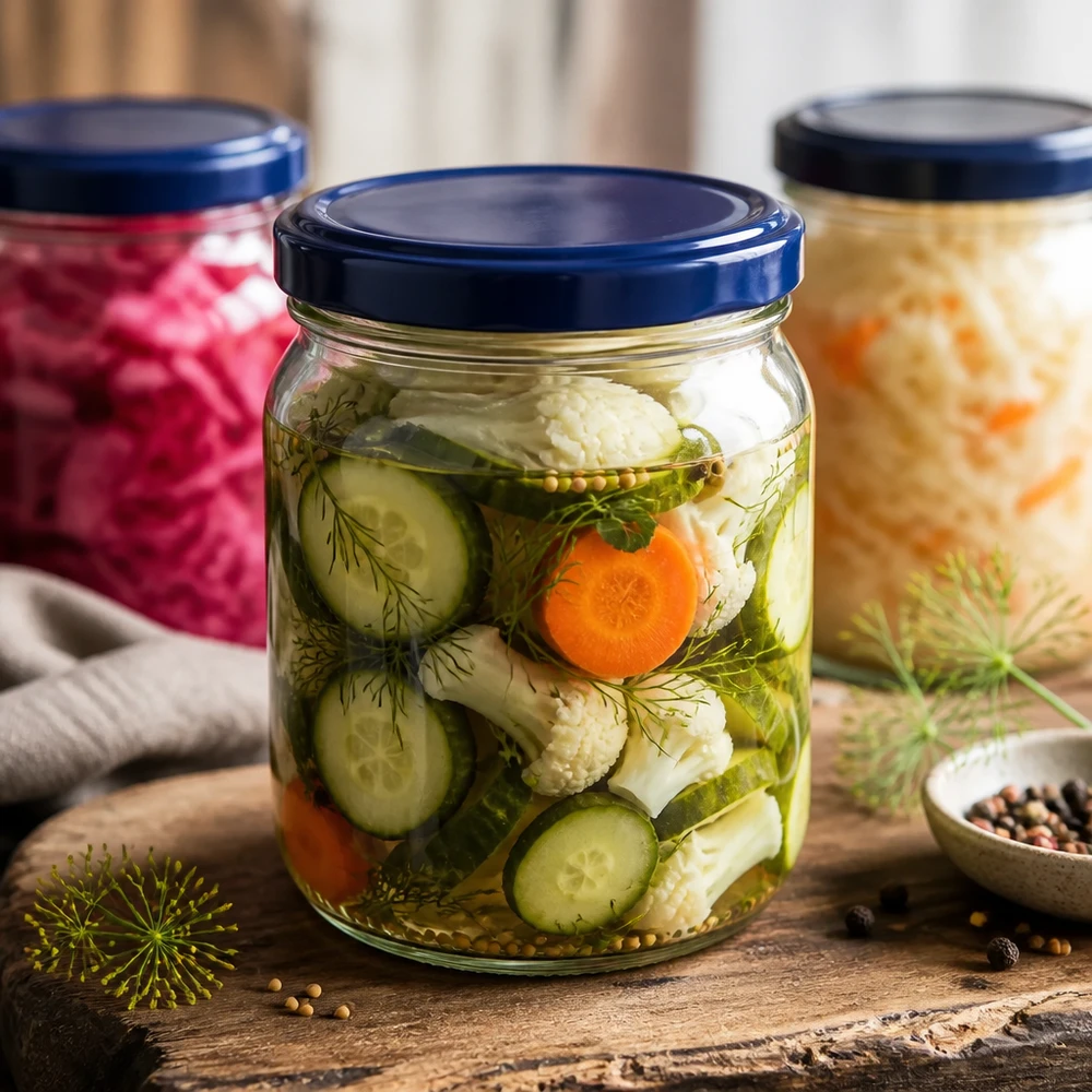 425ml rond glas met BasicSeal deksel blauw UNiTWIST 425 ml ronde pot met blauw UNiTWIST deksel gevuld met ingemaakte groenten - komkommer wortelen bloemkool in pekel
