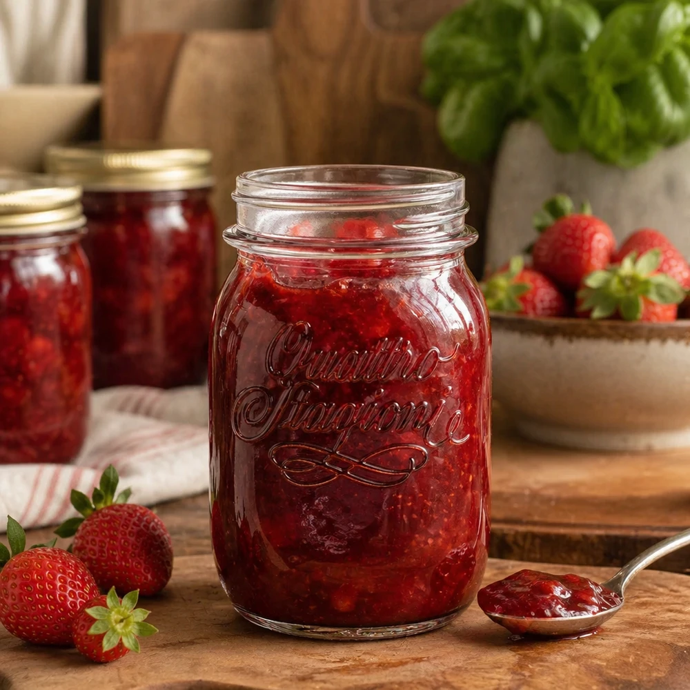 500 ml Quattro Stagioni huishoudpot gevuld met aardbeienjam op een houten tafel met verse aardbeien